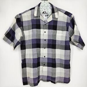 Godbody Collection‎ Shirt Mens 2XL Linen Button Up Short Sleeve Purple Checkered